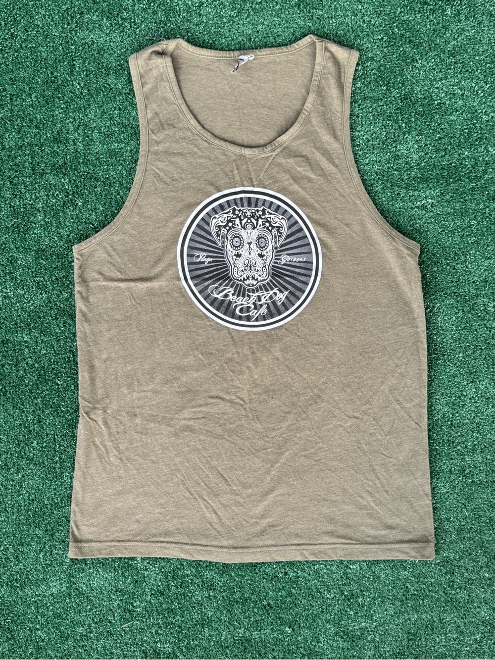 Men’s Graphic Tank Top with Decorative Dog Emblem — Olive Green Size MD